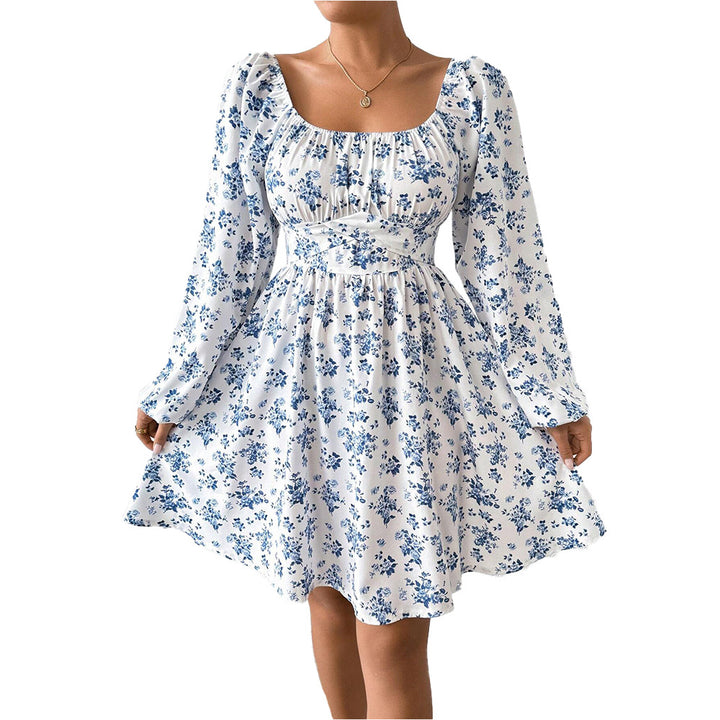 Damen luftiger Blumenkleid mit eleganter Raffung und langen Ärmeln Drune