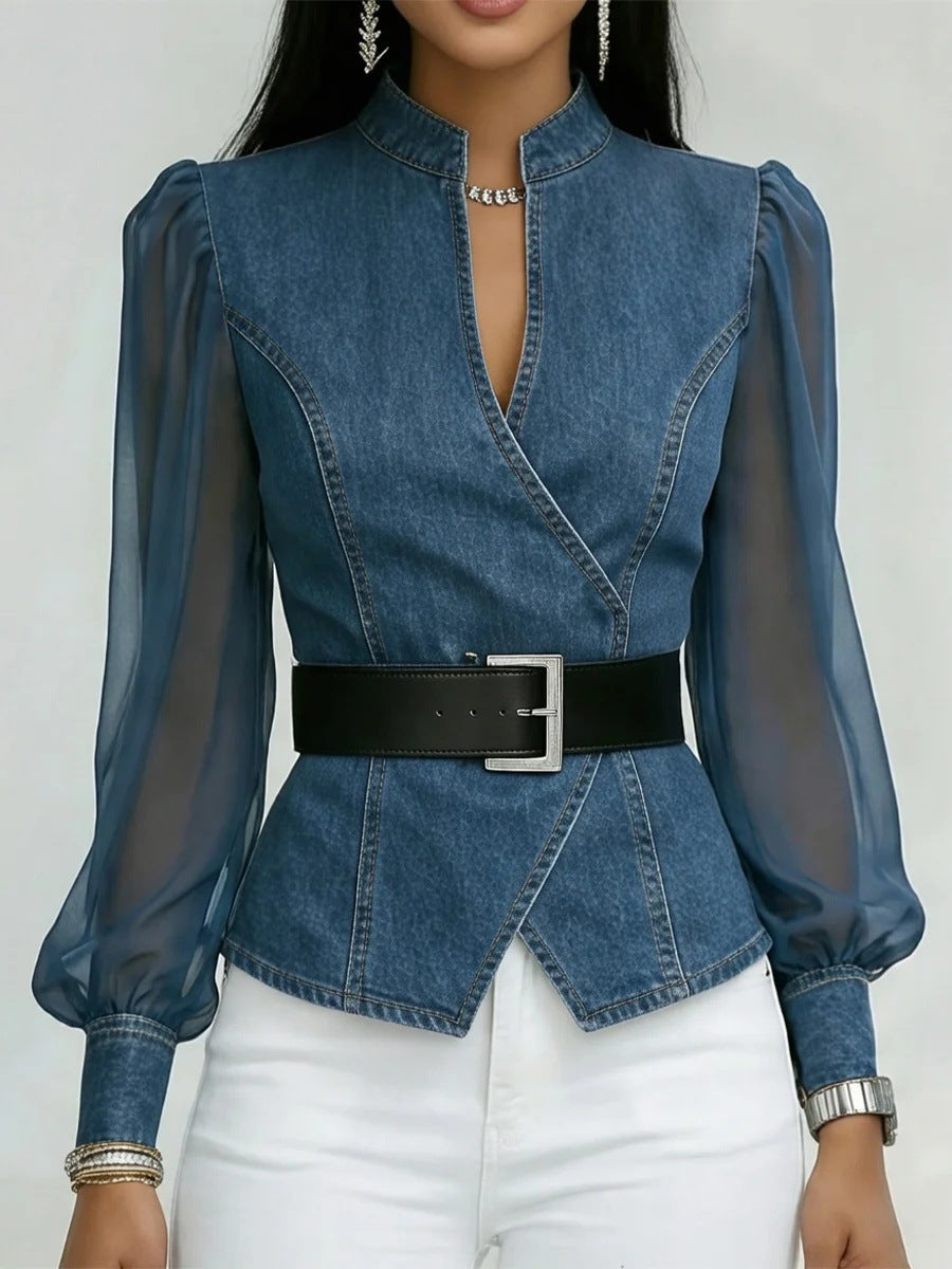 Damen Jeansbluse mit transparenten Ärmeln und tailliertem Design Drune