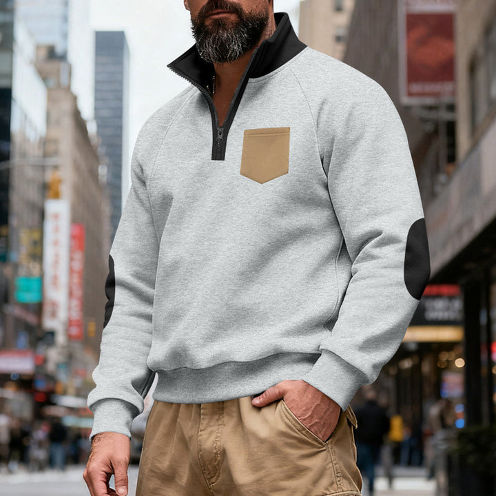 Herren nan Quarterzip-Sweatshirt mit Stehkragen, kontrastiertem Reißverschluss, Ellbogenpatches und Brusttasche Drune