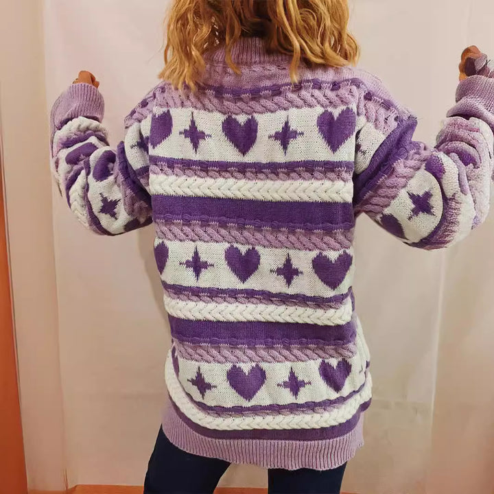 Damen Grob gestrickter Pullover mit herzförmigem Muster und breiten Streifen Drune
