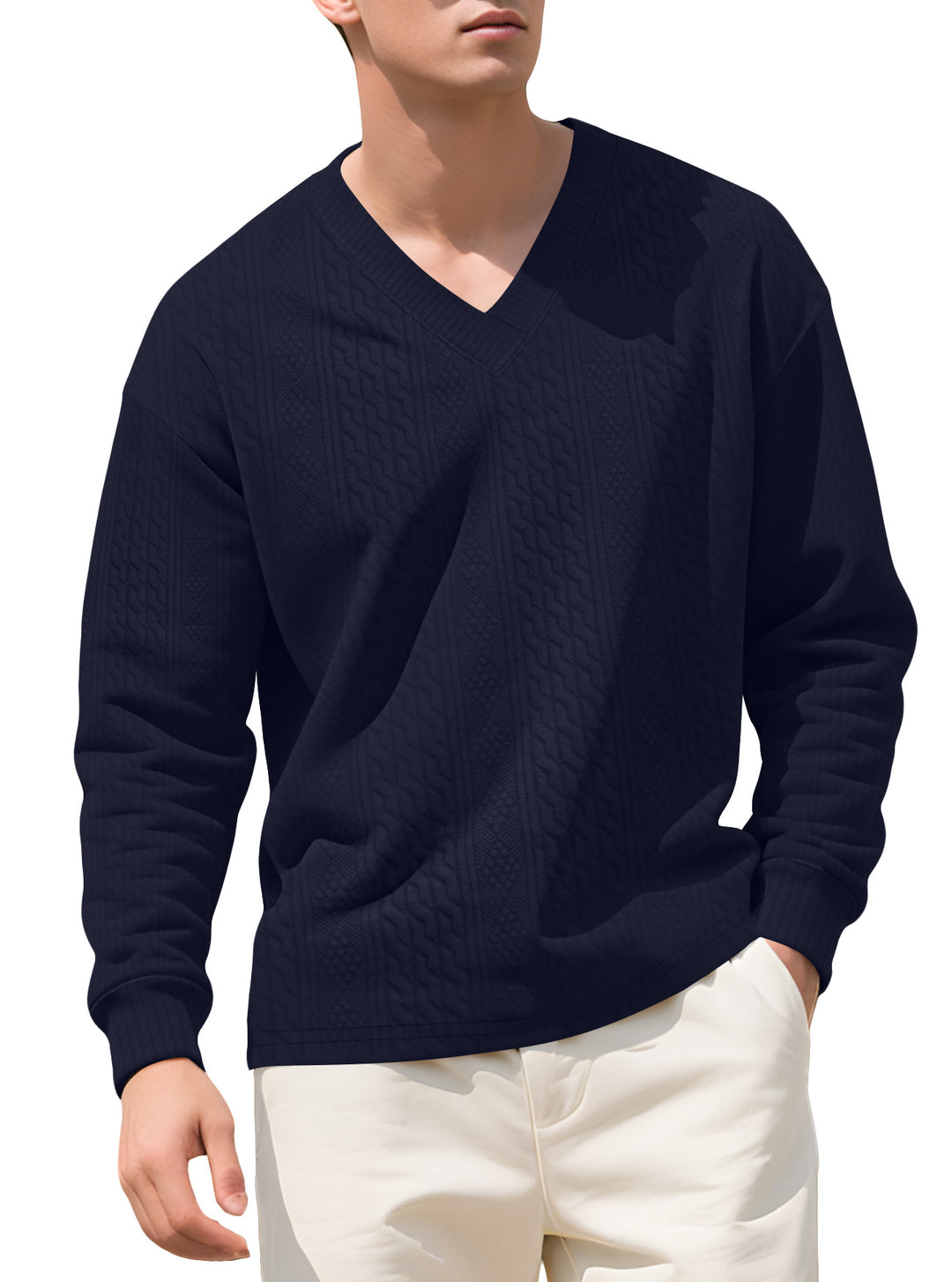 Herren nan strukturierter V-Ausschnitt Strickpullover mit Kabel- und Wabenmuster Drune