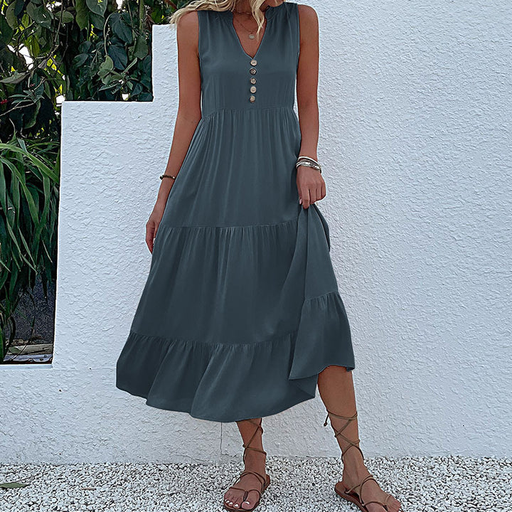 Damen luftiges Maxikleid mit Knopfdetails und Rüschensaum Drune
