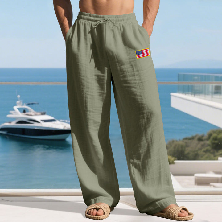 Herren nan lässige Leichtgewicht-Loungehose mit Tunnelzugbund, weitem Bein und Flaggen-Patch Drune