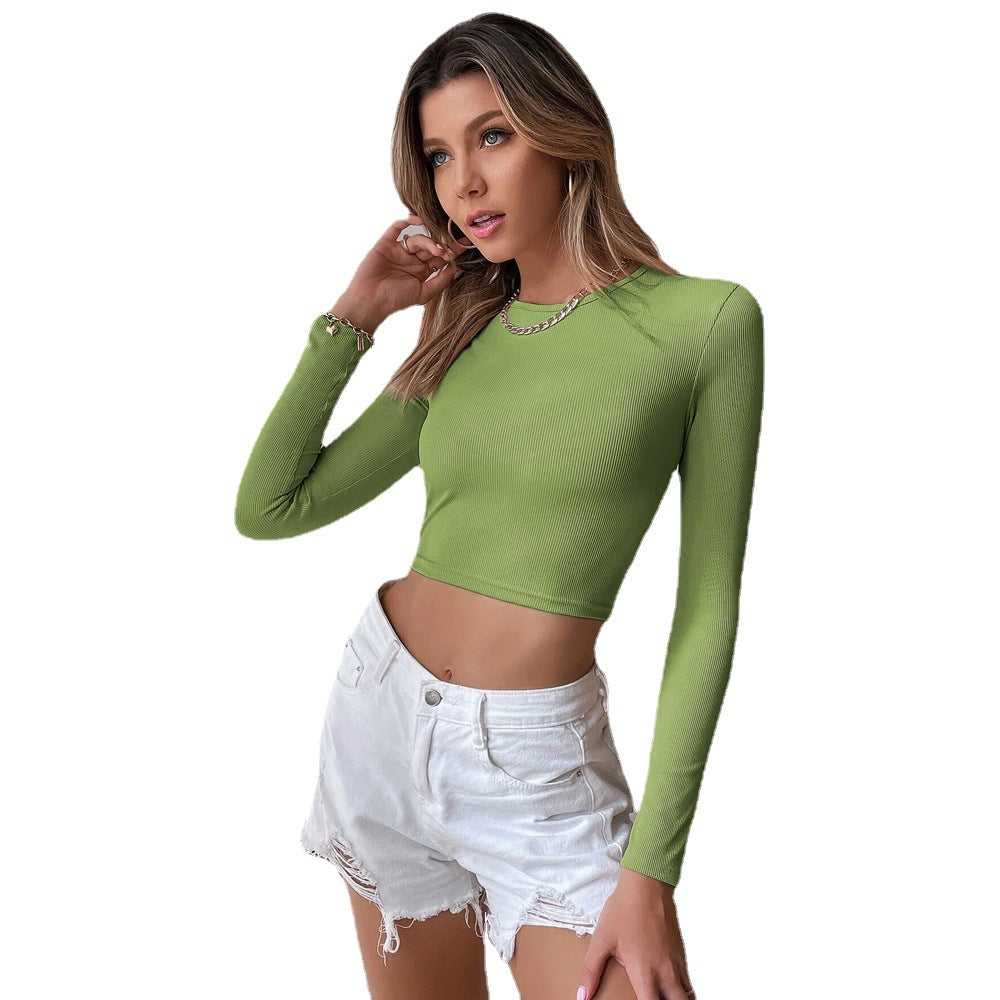Damen Stretch-Crop-Top mit feiner Rippenstruktur und langem Arm Drune