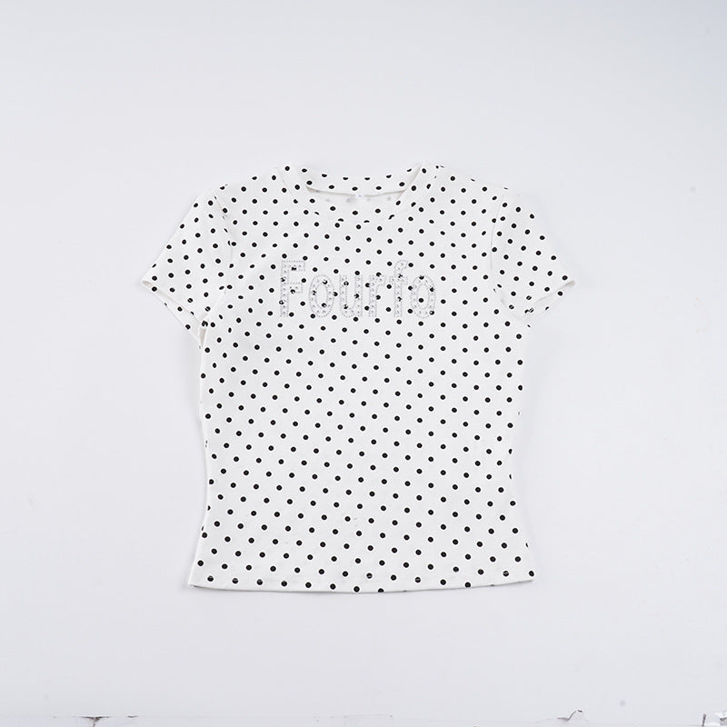 Damen Trendiges Kurzarm-Top mit Pünktchenmuster und glitzerndem Schriftzug Drune