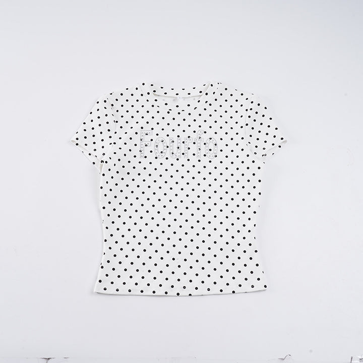 Damen Trendiges Kurzarm-Top mit Pünktchenmuster und glitzerndem Schriftzug Drune