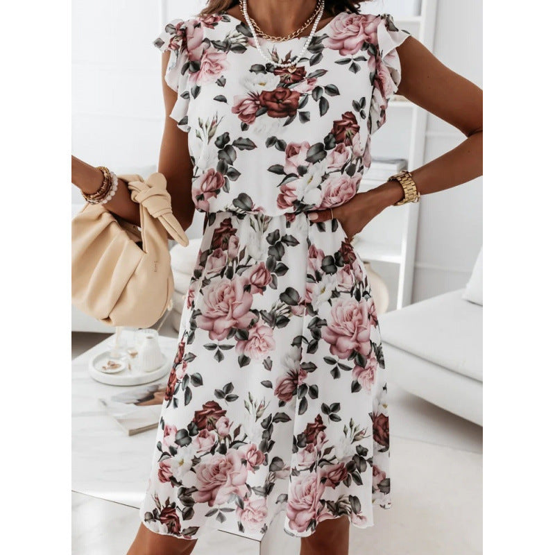 Damen Sommerliches Blumenkleid mit Rüschendetails und Taillengürtel Drune