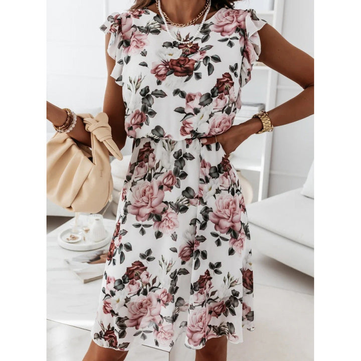 Damen Sommerliches Blumenkleid mit Rüschendetails und Taillengürtel Drune