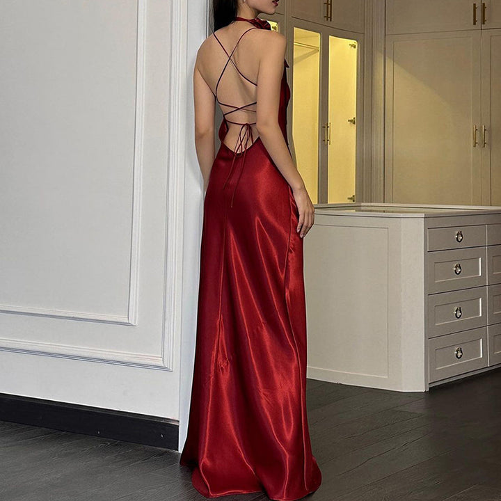 Damen elegantes Maxikleid aus fließendem Satin mit Spaghettiträgern Drune
