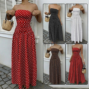 Damen Maxikleid mit trägerlosem Design und Punktmuster Drune