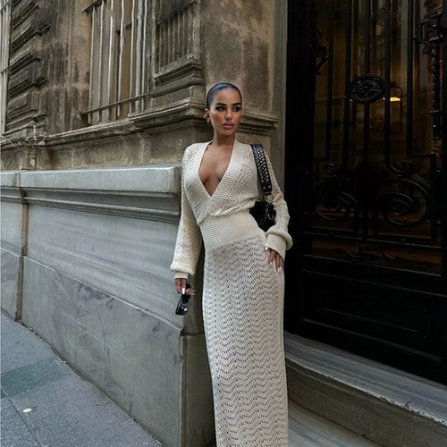 Damen elegantes gehäkeltes Maxikleid mit tiefem V-Ausschnitt Drune