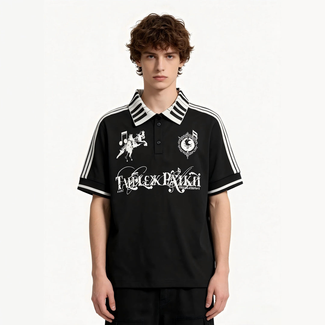 Damen Poloshirt mit kreativem Druck und Streifenmuster Drune