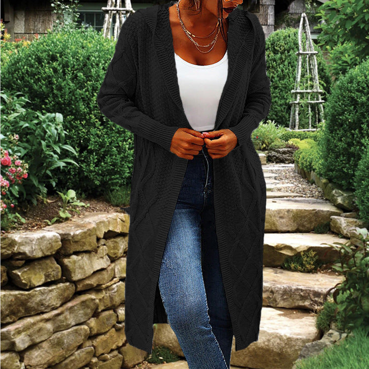 Damen langer Strickcardigan mit Hochkragen und Zopfmuster Drune