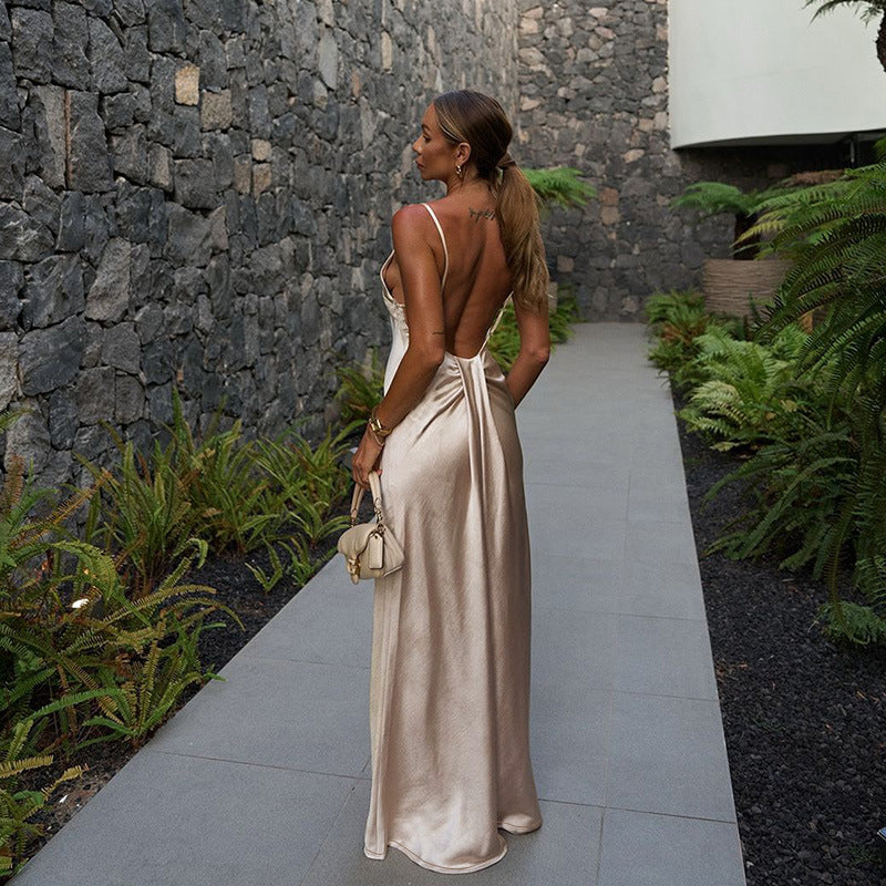 Damen Elegantes Satin-Maxikleid mit hauchdünnen Spaghettiträgern Drune