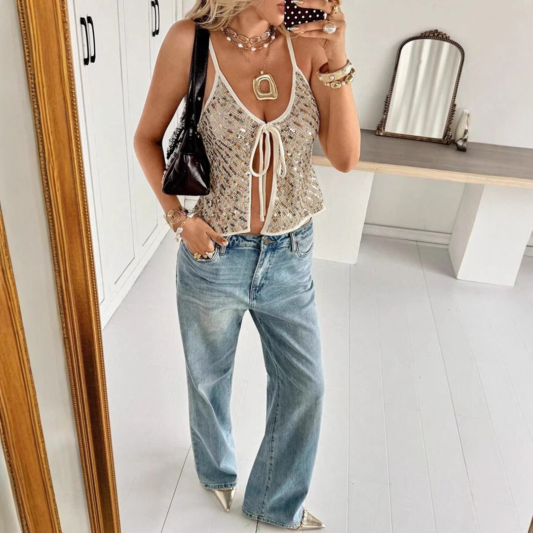 Damen Glitzerndes Top mit V-Ausschnitt und Bindeband Drune