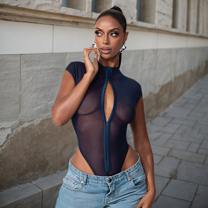 Damen Transparente Body mit Reißverschluss Drune