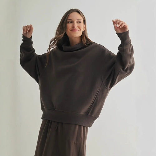 Damen lässiger Oversized Pullover mit hohem Stehkragen und Rippdetails Drune