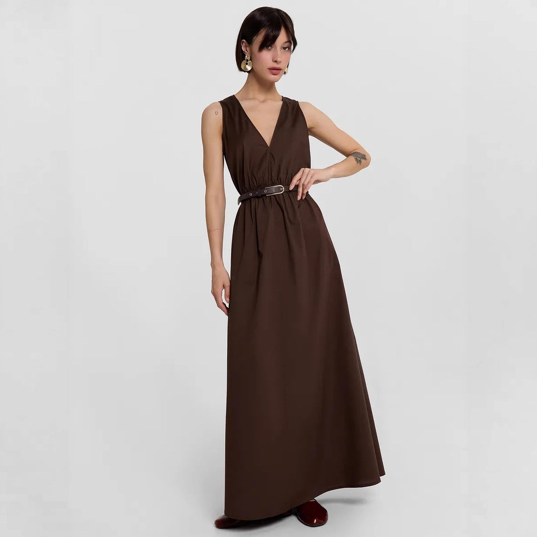 Damen Maxikleid mit stilvollem V-Ausschnitt und Taillengürtel Drune