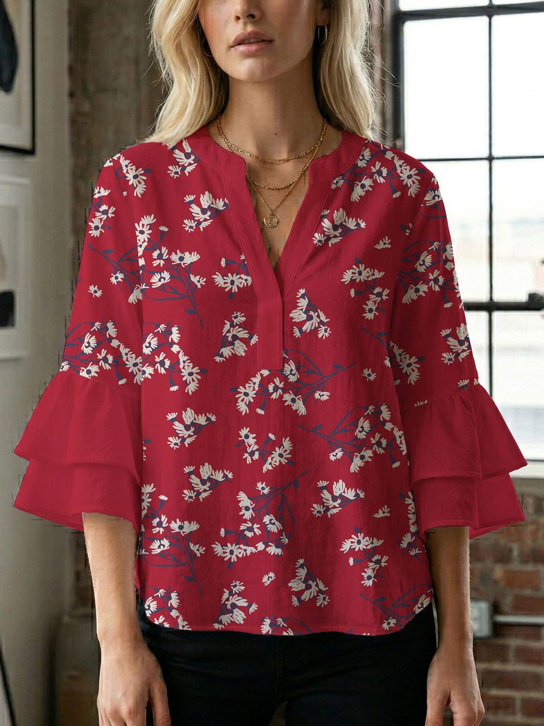 Damen Blusenshirt mit voluminösen Ärmeln und kreativem Druckdesign Drune