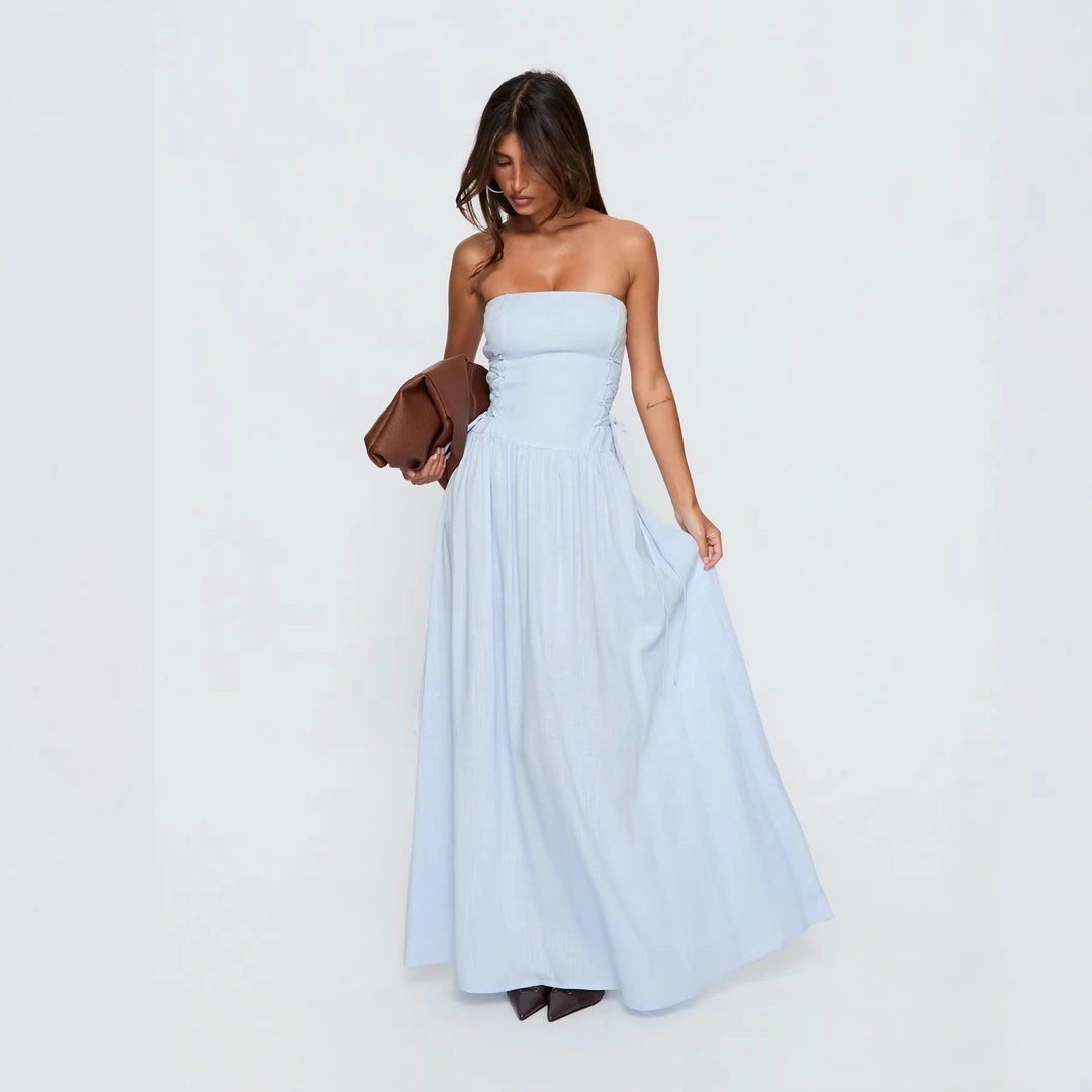 Damen Maxi-Kleid mit schulterfreiem Design und seitlichen Rüschendetails Drune