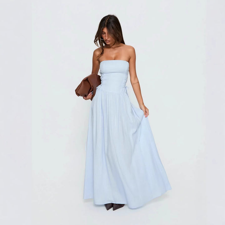 Damen Maxi-Kleid mit schulterfreiem Design und seitlichen Rüschendetails Drune