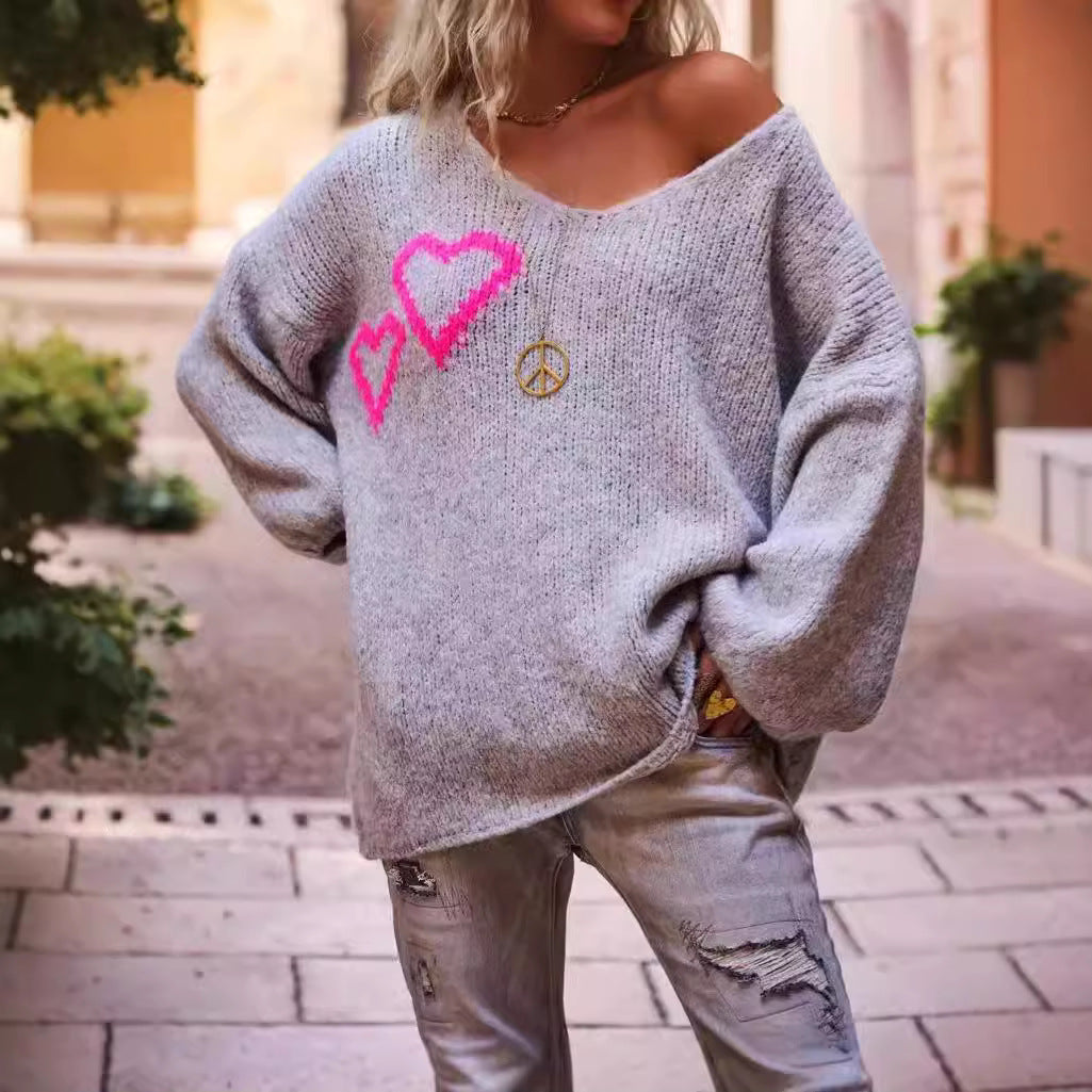 Damen Strickpullover mit liebenswertem Herzdesign und lässigem Schnitt Drune