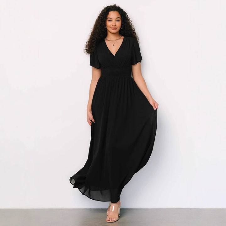 Damen elegantes Maxikleid mit V-Ausschnitt und elastischem Taillenbund Drune