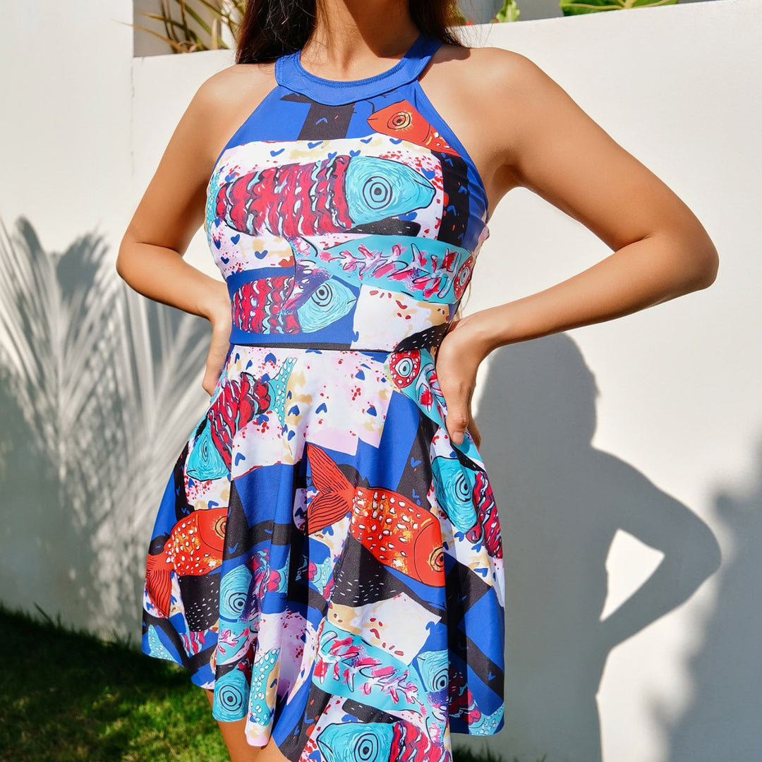 Damen Sommerkleid mit buntem Fische-Print und schwingendem Rock Drune