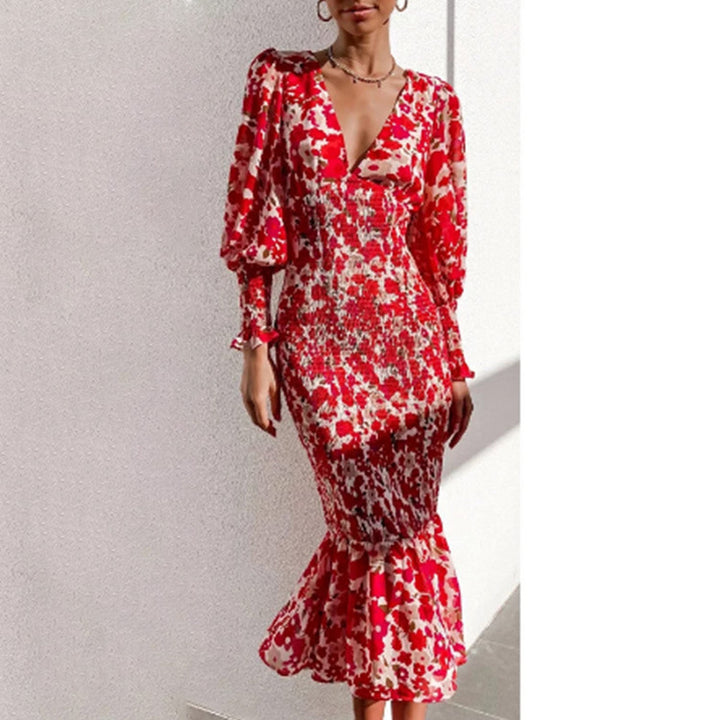 Damen Blütenmuster Kleid mit voluminösen Ärmeln Drune
