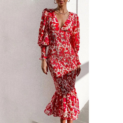 Damen Blütenmuster Kleid mit voluminösen Ärmeln Drune