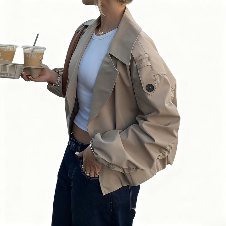 Damen nan verkürzter Trenchcoat mit doppelt geknöpfter Vorderseite, weitem Revers und elastischen Manschetten Drune