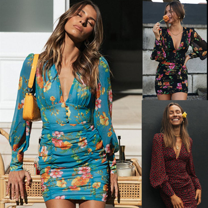 Damen figurbetontes Minikleid mit floralem Design und Rüschendetails Drune