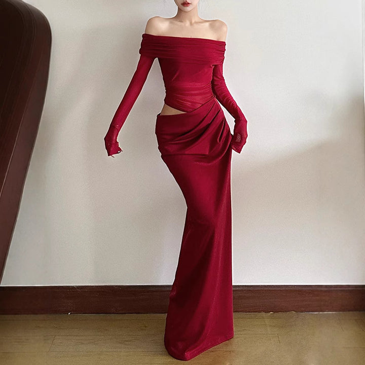Damen Off-Shoulder Maxikleid mit figurbetonendem Design und Raffung Drune