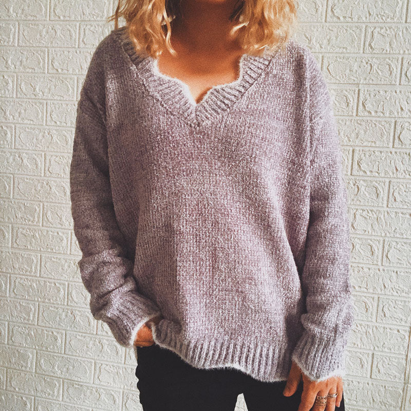 Damen lässiger Strickpullover mit V-Ausschnitt und strukturiertem Gewebe Drune
