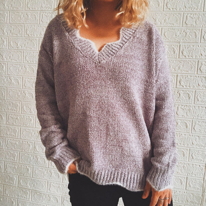 Damen lässiger Strickpullover mit V-Ausschnitt und strukturiertem Gewebe Drune