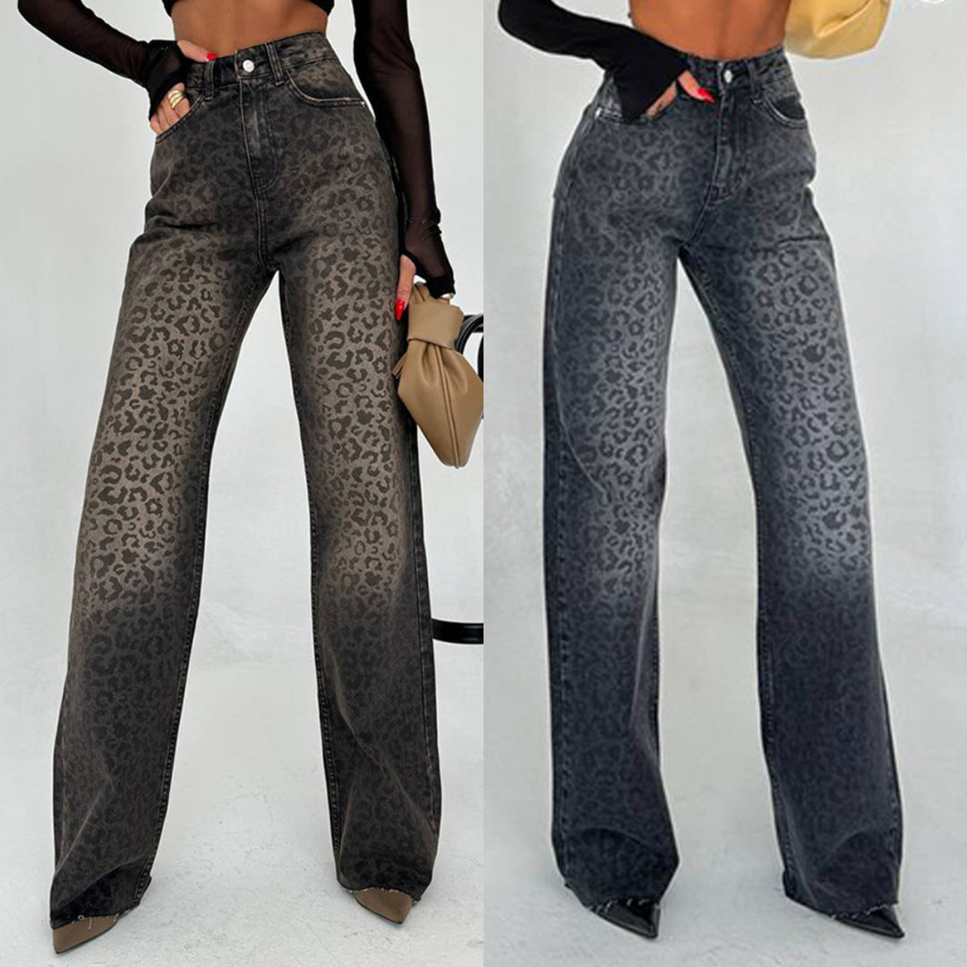Damen Leoprint Weitlegende Jeanshose mit hoher Taille Drune