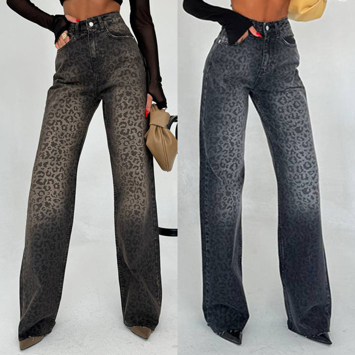 Damen Leoprint Weitlegende Jeanshose mit hoher Taille Drune
