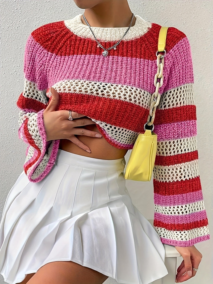Damen Strickpullover mit verspieltem Lochmuster und bunten Streifen Drune