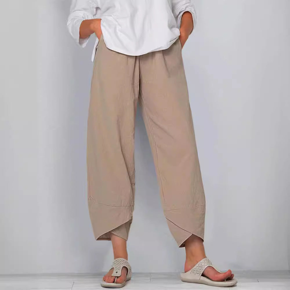Damen nan weit geschnittene Leinenhose mit Tulpen-Saum und elastischem Bund Drune