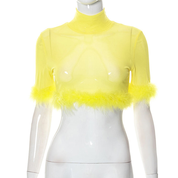 Damen trendiges cropped Oberteil mit glamourösem Federbesatz Drune