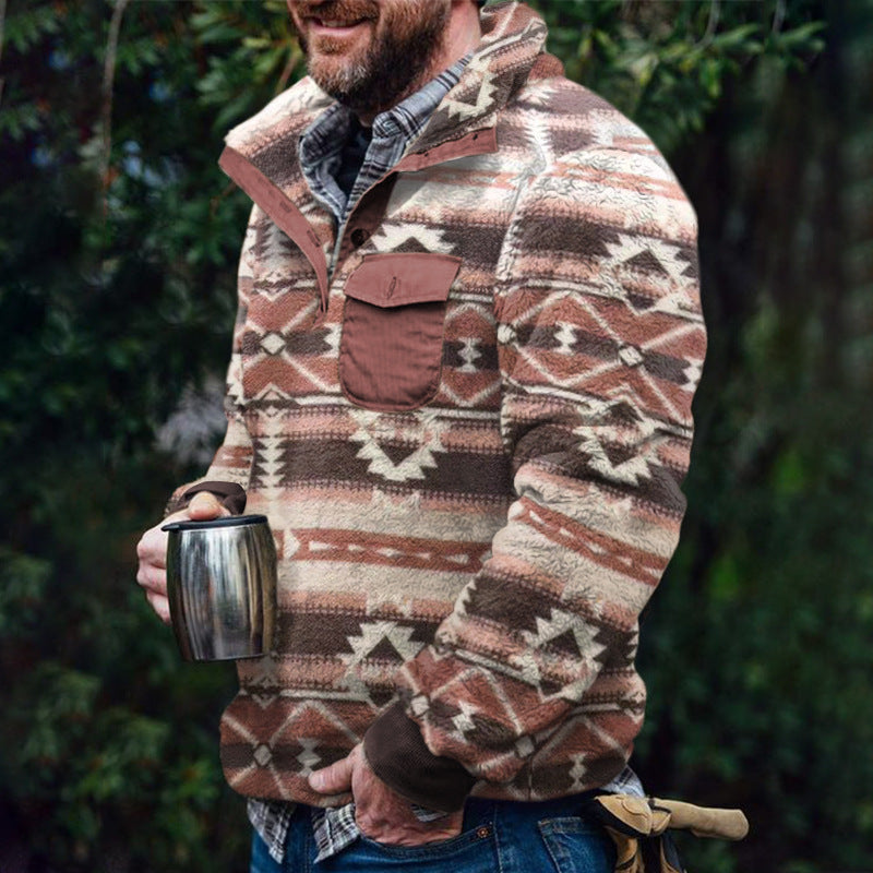 Herren Fleece-Pullover mit Karomuster und Hohem Kragen Drune