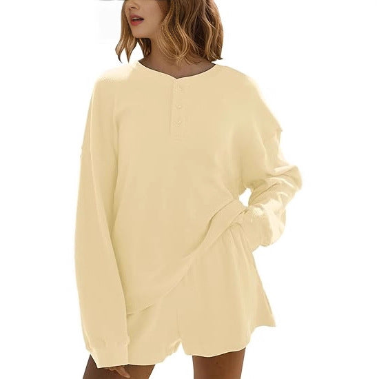 Damen lässiger Langarm-Hemdchen Pullover mit Knopfdetails Drune