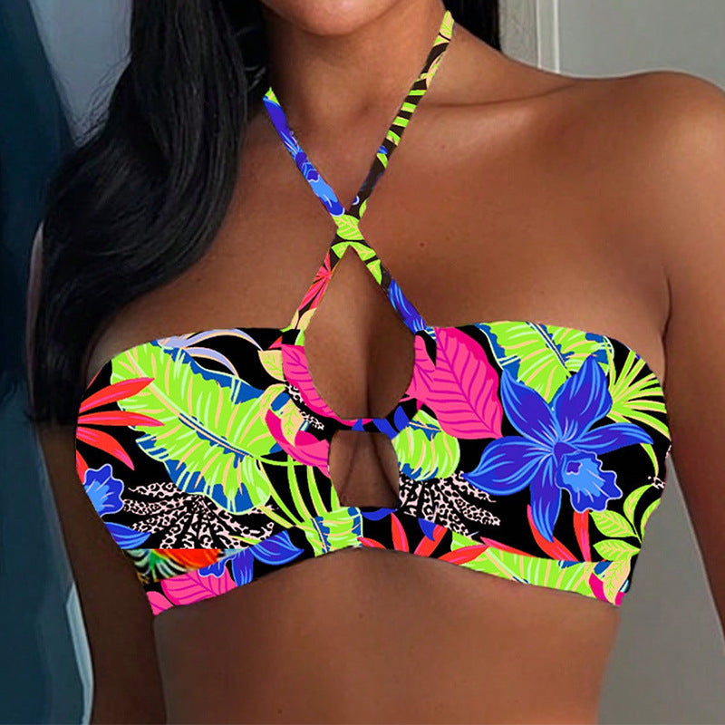 Damen Bandeau-Bikini mit kreativen Riemen und floralem Design Drune