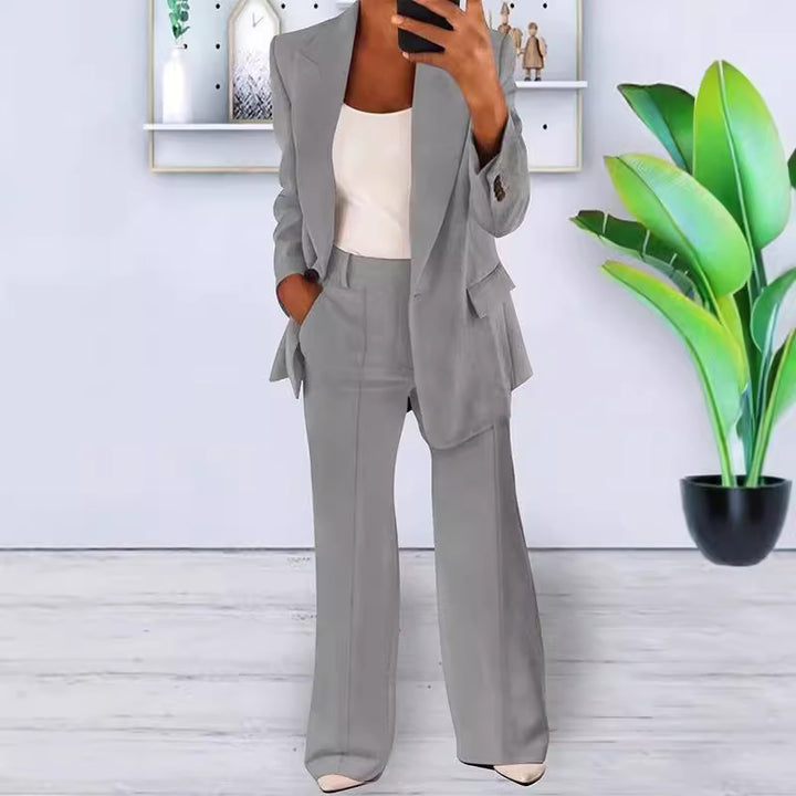 Damen nan bürotaugendes Hosenanzug Set mit weiter Hose und tailliertem Blazer Drune