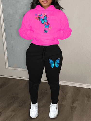 Damen Kapuzenpullover und Jogginghose Set mit buntem Schmetterlingsmuster Drune