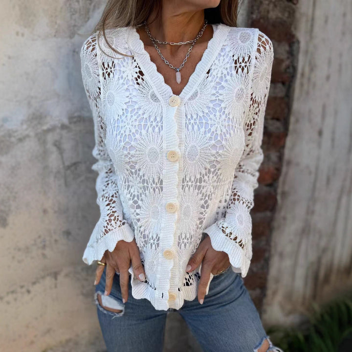 Damen Häkel-Cardigan mit floralem Design und Knopfverschluss Drune