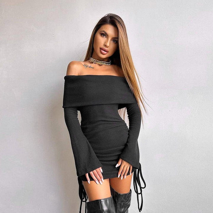 Damen Off-Shoulder Mini-Kleid mit Raffung und langen Ärmeln Drune