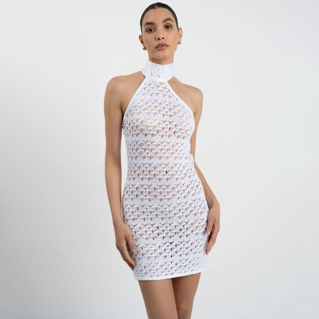 Damen Häkel-Minikleid mit hohem Kragen Drune