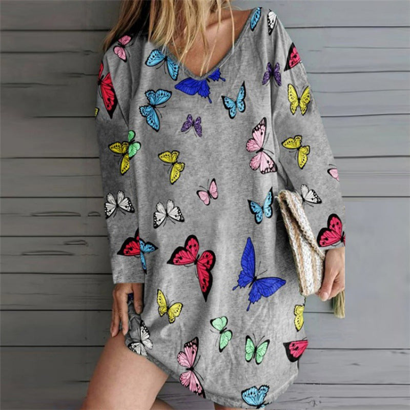 Damen Freizeitkleid mit buntem Schmetterlingsmuster und V-Ausschnitt Drune