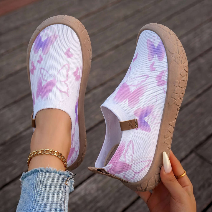 Damen nan atmungsaktiver Strick-Slipper mit Aquarell-Schmetterlingsprint und griffiger Outdoorsohle Drune